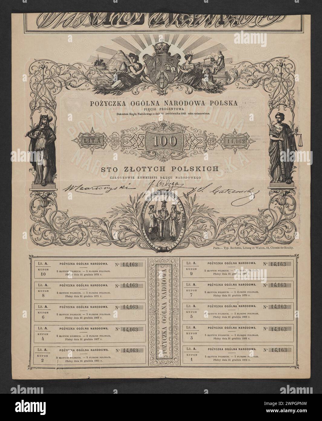 1863 polnischer Geldschein, ausgestellt von der nationalen Regierung, mit Stückelung, Design und amtlichen Kennzeichnungen für den Zeitraum. Stockfoto