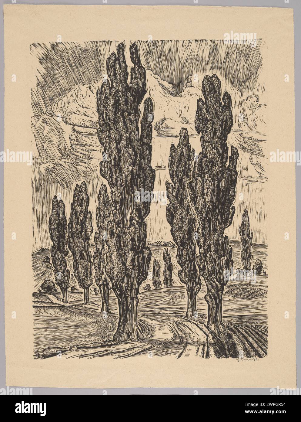 Ein Gemälde von Erich Fraass aus dem Jahr 1931, das eine von Pappeln gesäumte Straße zeigt und die lineare Perspektive, die Baumform und die saisonalen Landschaftsmerkmale betont. Stockfoto