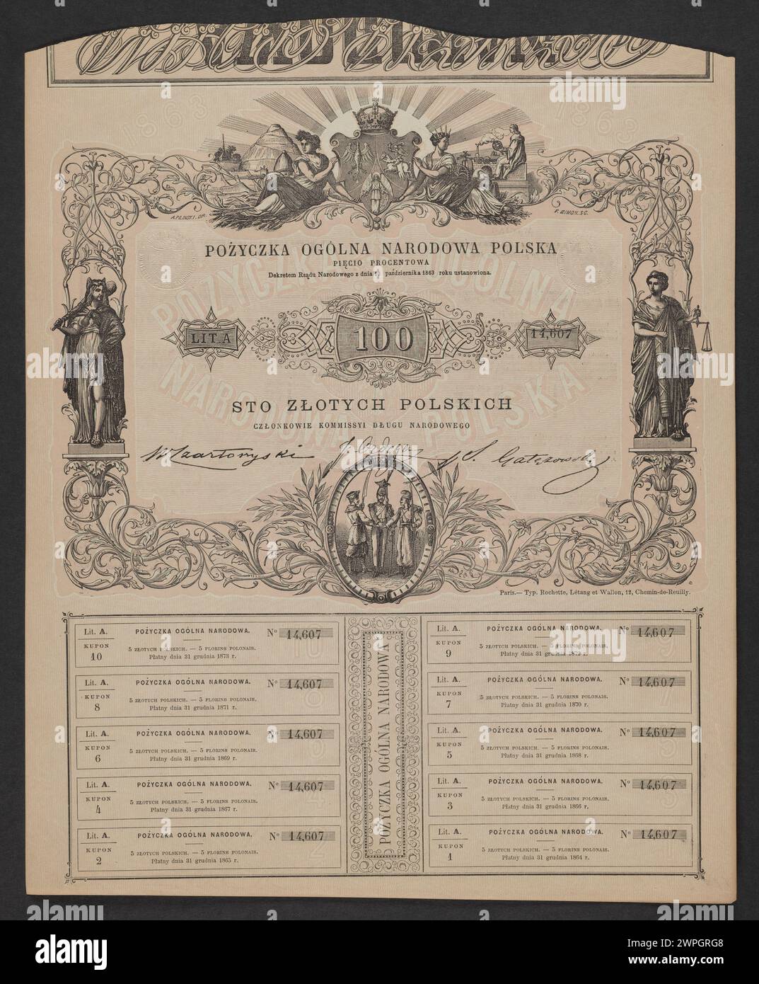 5 % polnischer Banknote aus dem Jahr 1863, herausgegeben von der nationalen Regierung, die Inschriften, Design und Geldwert hervorhebt. Stockfoto