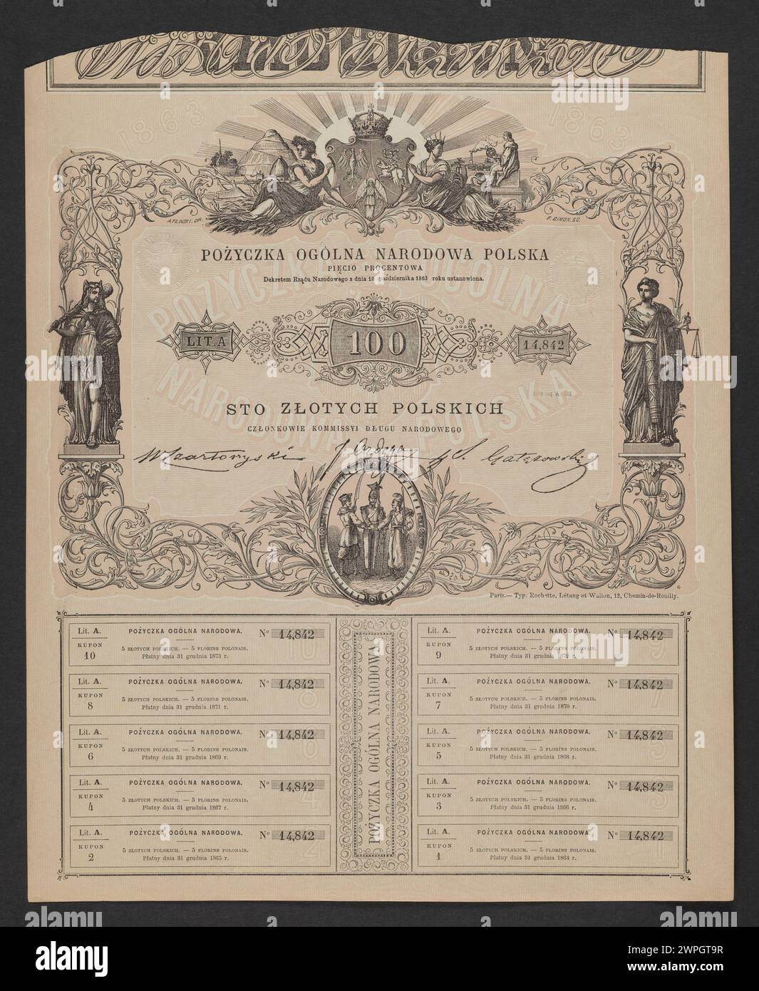 Diese polnische fünf-Prozent-Note, die 1863 ausgegeben wurde, spiegelt die offizielle Währung der nationalen Regierung während des Januaraufstands wider. Stockfoto