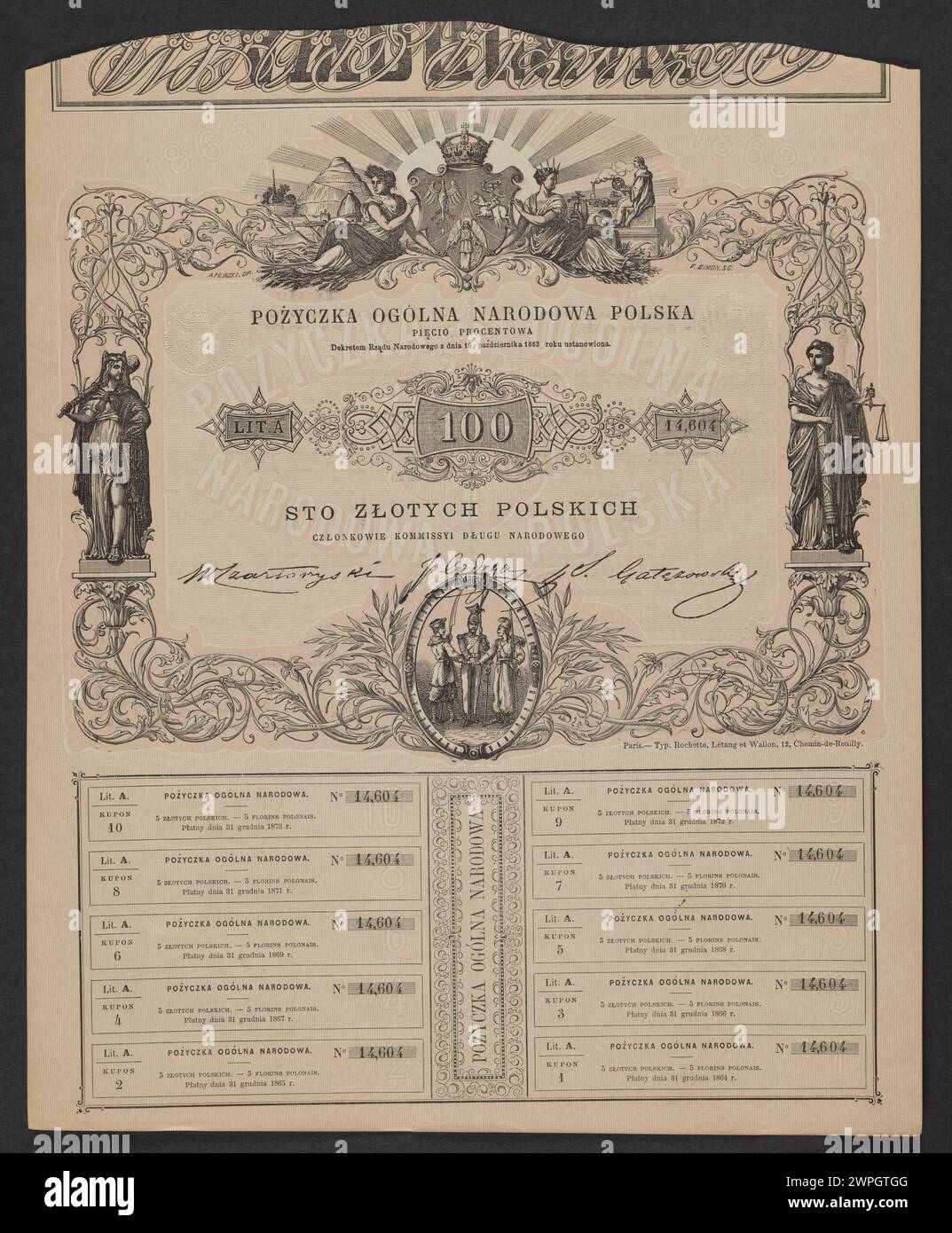 Polnischer 5%-Geldschein aus dem Jahr 1863, ausgestellt von der nationalen Regierung, mit Inschriften, Stückelung und gedruckten Designmerkmalen. Stockfoto