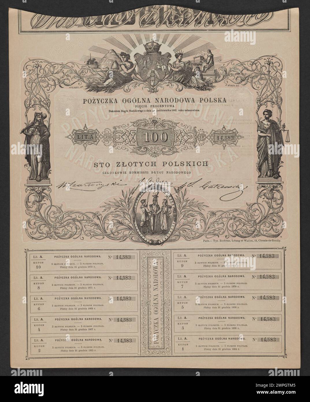 Dieses nationale Dokument Polens aus dem Jahr 1863 repräsentiert die Allgemeine nationale Regierung und dokumentiert die Regierungs- und Verwaltungsmaßnahmen während des Januaraufstands. Stockfoto