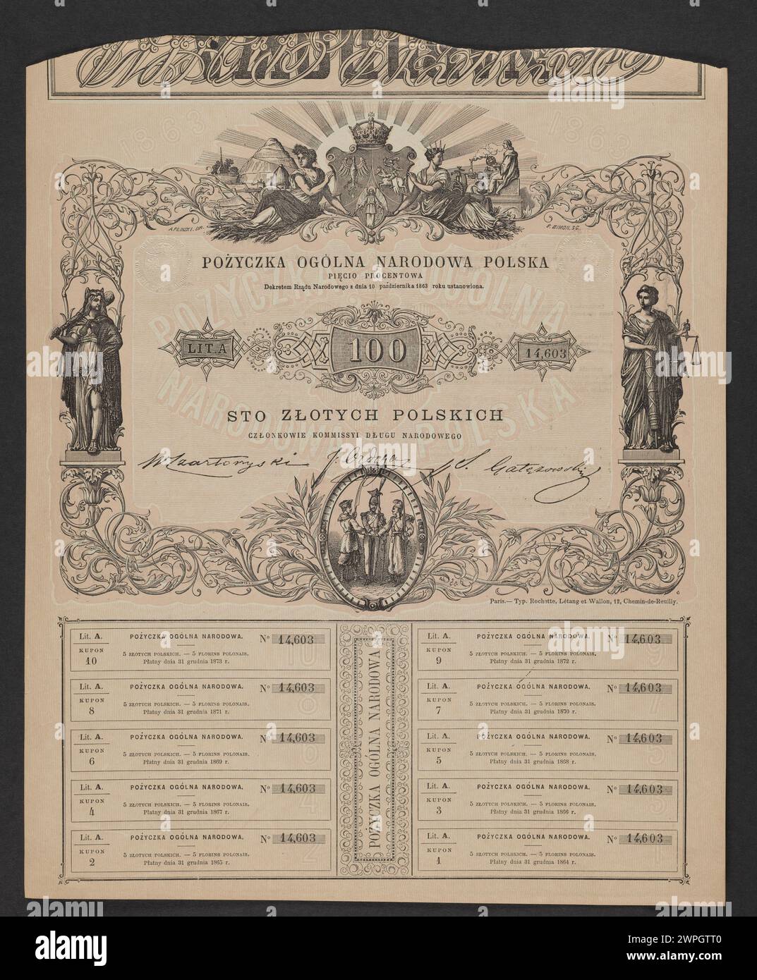 Vorder- und Rückansicht einer 5%-igen polnischen Note, die 1863 von der nationalen Regierung herausgegeben wurde und die Denomination, Inschriften und Designelemente enthält. Stockfoto
