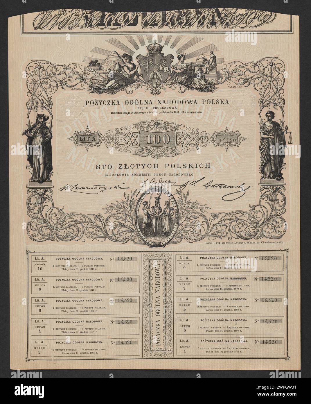 Offizieller polnischer General von 1863, der von der nationalen Regierung herausgegeben wird und die finanziellen und administrativen Funktionen des Staates repräsentiert. Stockfoto