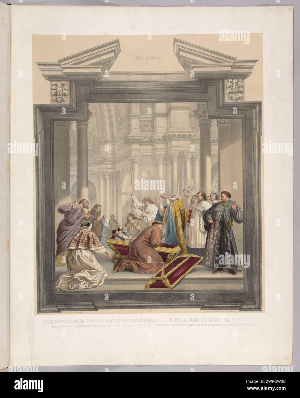 Ein Kunstwerk aus dem Jahr 1847, das eine Prozession oder eine führende Veranstaltung um Kazimierz zeigt, von Deroy, Grenier de Saint-Martin, Rypiński, Danckerts de Rij, und Jan Kazimierz Wilczański, der historische Figuren und Orte zeigt. Stockfoto