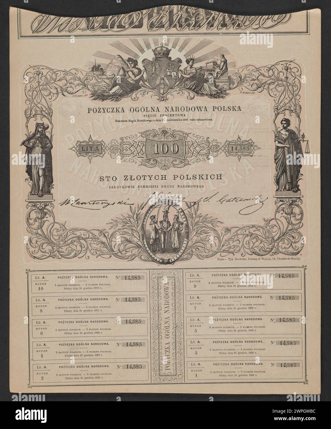 Dieses nationale Dokument aus dem Jahr 1863 bezieht sich auf die Allgemeine Regierung Polens. Sie spiegelt die offizielle Verwaltung und Regierungsführung während des Januaraufstands wider und dokumentiert nationale Politiken und Maßnahmen der Regierung. Stockfoto