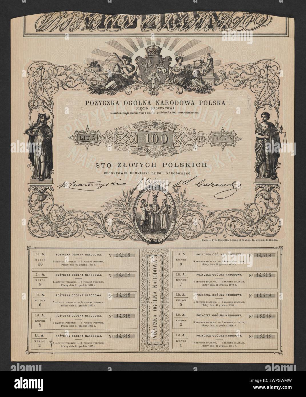 Offizieller polnischer General, der 1863 von der nationalen Regierung herausgegeben wurde und die Währungs- und Verwaltungspraxis der damaligen Zeit widerspiegelt. Stockfoto