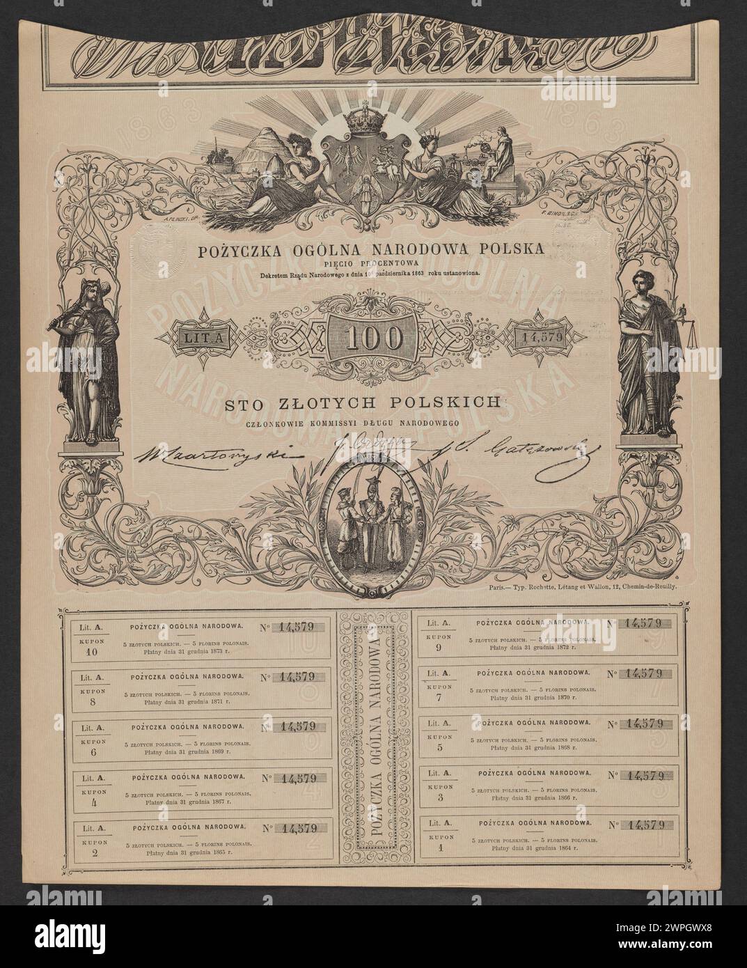 Dieses polnische Protokoll aus dem Jahr 1863 bezieht sich auf die Allgemeine nationale Regierung, in dem die offiziellen Regierungs- und Verwaltungsmaßnahmen während des Januaraufstands detailliert aufgeführt sind. Stockfoto