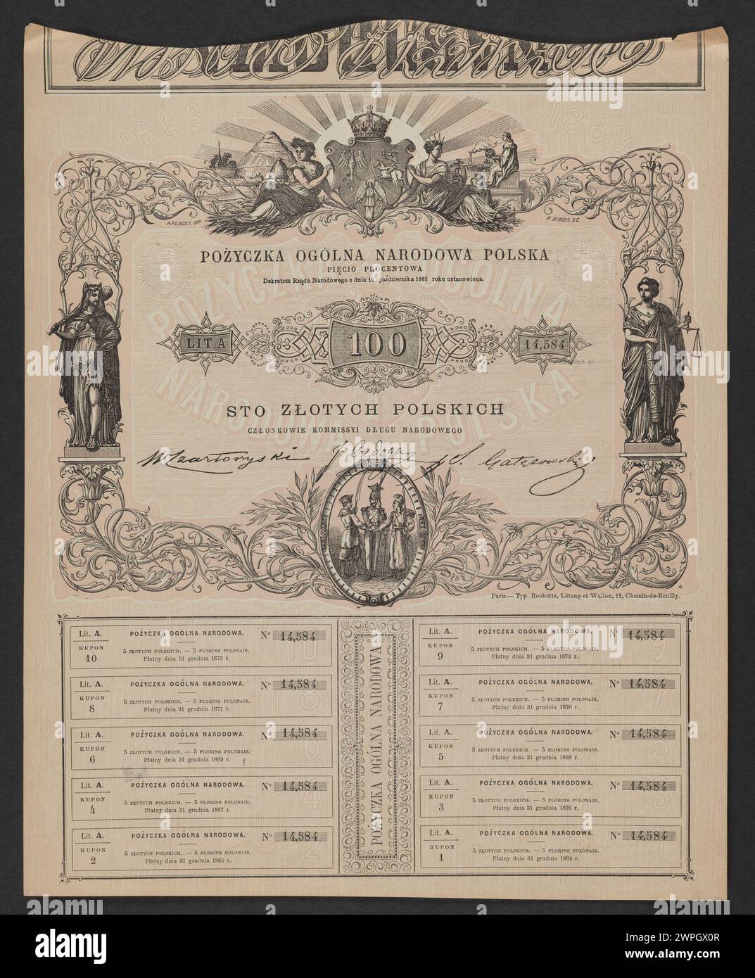 Dieser polnische Rekord für das Jahr 1863 bezieht sich auf die Allgemeine nationale Regierung, die Verwaltungsmaßnahmen und Governance-Maßnahmen während des Januaraufstands in Polen repräsentiert. Stockfoto