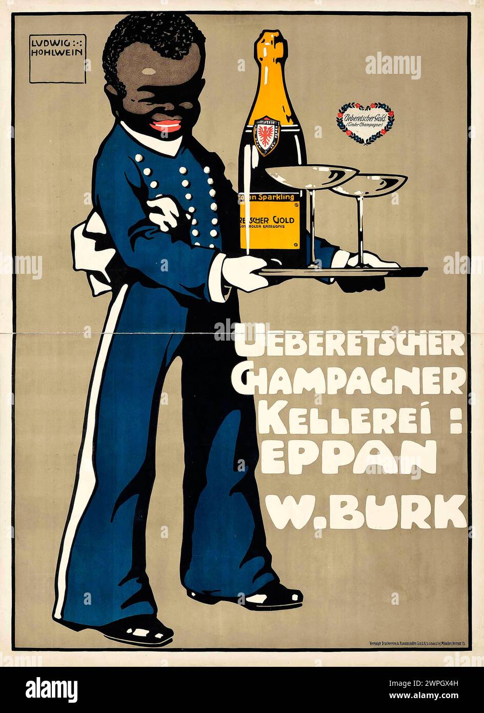 Vintage-Werbeplakat für das Champagnergut Ueberetsch von Ludwig Hohlwein um 1910 zeigt einen schwarzen afrikanischen Jungen, der Champagner in schicker Kellnerkleidung serviert Stockfoto