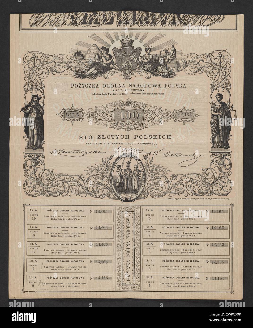 1863 polnischer Geldschein, ausgestellt von der nationalen Regierung, mit Stückelung, Design und amtlichen Kennzeichnungen für den Zeitraum. Stockfoto