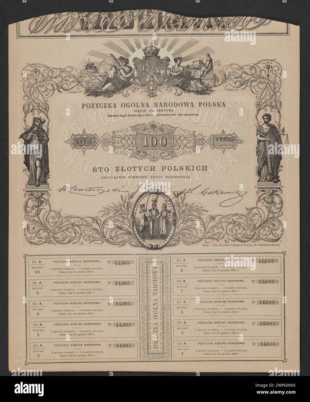 5 % Geldschein, ausgestellt 1863 von der polnischen Regierung, mit Stückelung, Inschriften und dekorativen Designelementen. Stockfoto