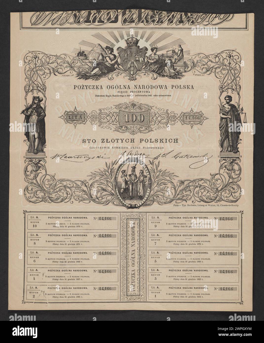 1863 polnischer Geldschein, ausgestellt von der nationalen Regierung, mit Stückelung, Design und amtlichen Kennzeichnungen für den Zeitraum. Stockfoto