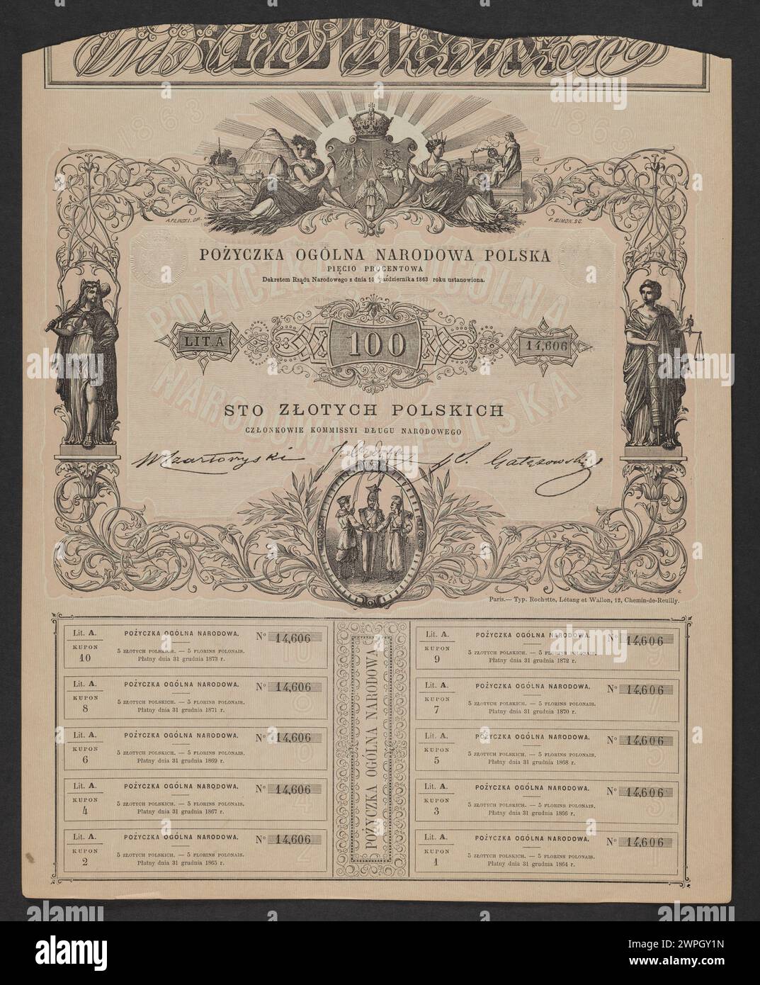 Offizielle 5 % polnische Note, die 1863 von der nationalen Regierung herausgegeben wurde und Design, Inschriften und Sicherheitsmerkmale auf Papierwährung zeigt. Stockfoto