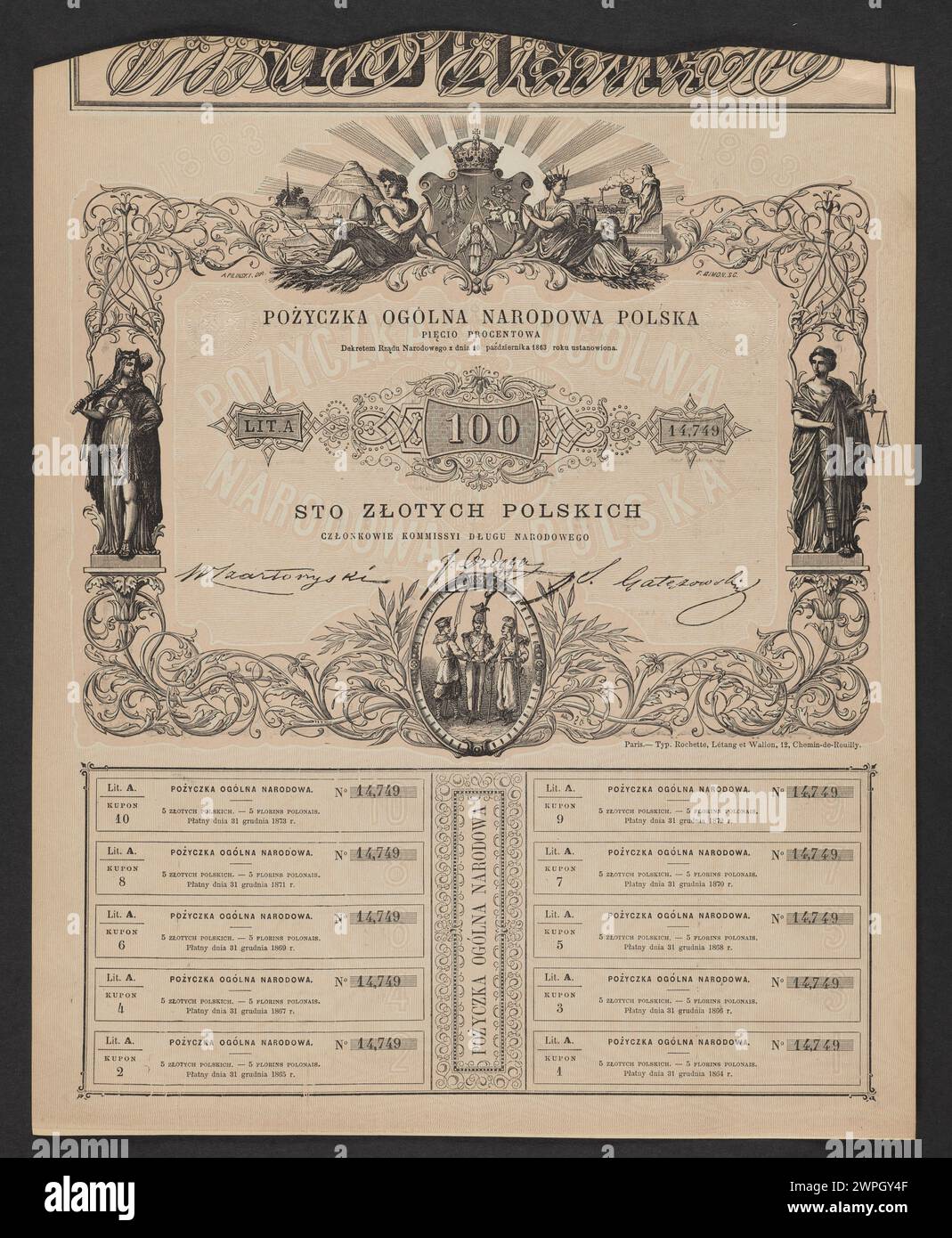Dieses 1863 von der polnischen Regierung herausgegebene Stück spiegelt die Autorität der polnischen Generalverwaltung während des Januaraufstands wider, mit Symbolen, Emblemen und zeitspezifischen Designelementen. Stockfoto
