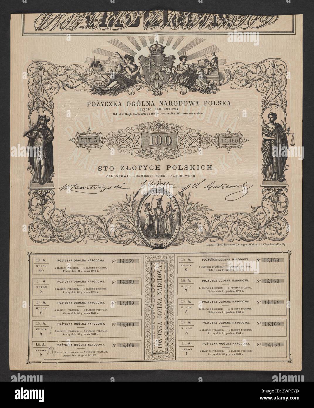 1863 polnischer Geldschein, ausgestellt von der nationalen Regierung, mit Stückelung, Design und amtlichen Kennzeichnungen für den Zeitraum. Stockfoto
