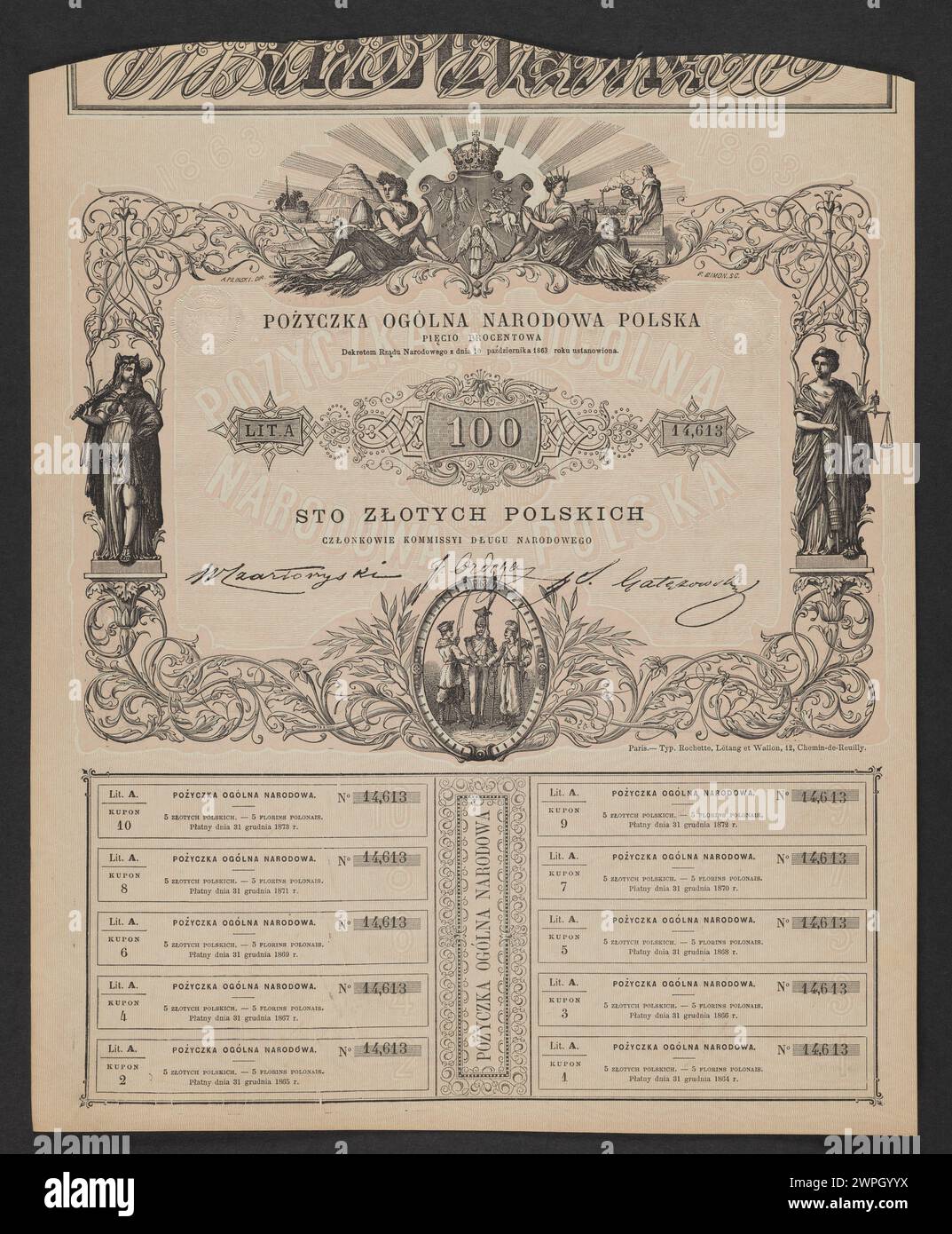 Die Ausgabe der polnischen Regierung aus dem Jahr 1863 mit einer Stückelung von 5 % repräsentiert offizielle Staatswährung und Regierungsführung während des Januaraufstands. Stockfoto