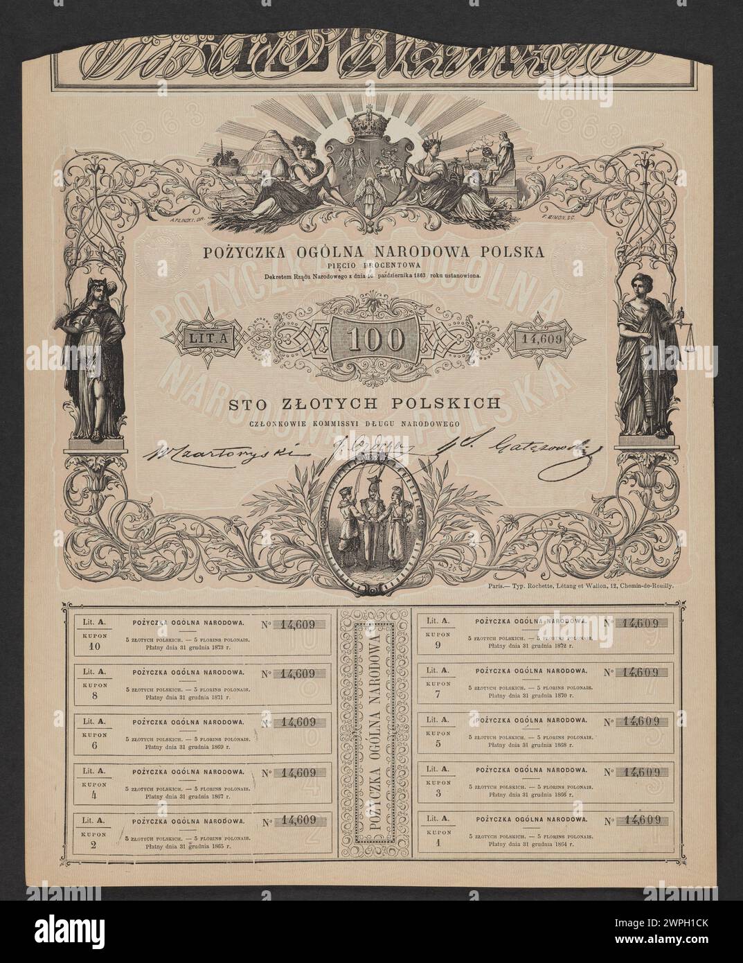 Polnischer 5%-Geldschein, der 1863 von der nationalen Regierung ausgegeben wurde und Designelemente, Inschriften und Stückelungen enthält. Stockfoto