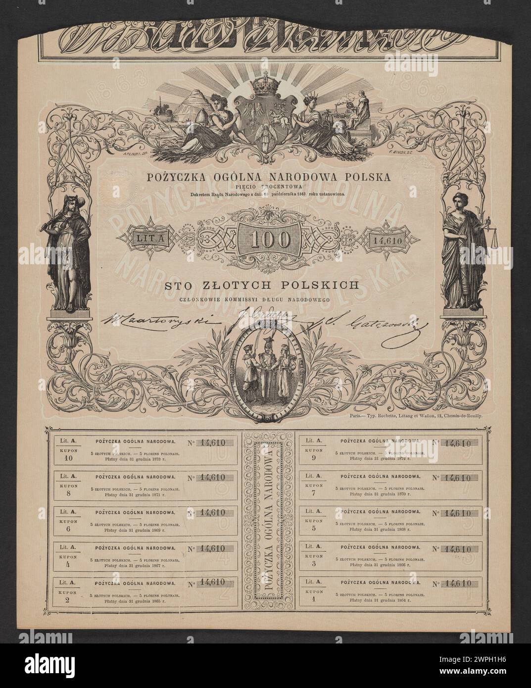 5 % polnischer Banknote, die 1863 von der nationalen Regierung herausgegeben wurde und mit Stückelung, Inschriften und Design versehen ist. Stockfoto