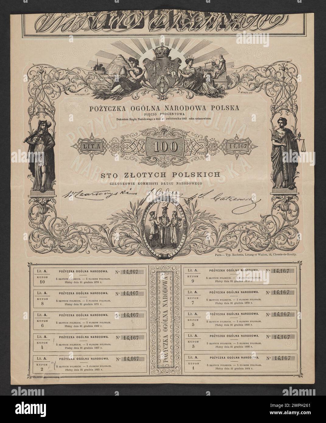 1863 polnischer Geldschein, ausgestellt von der nationalen Regierung, mit Stückelung, Design und amtlichen Kennzeichnungen für den Zeitraum. Stockfoto