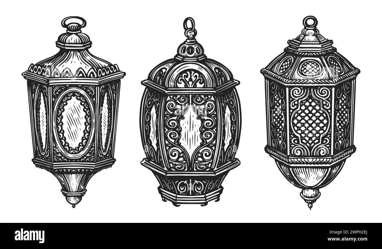 Ramadan-Laternen-Set. Islamische Lampe. Handgezeichnete Skizze Vintage Vektor Illustration Stock Vektor