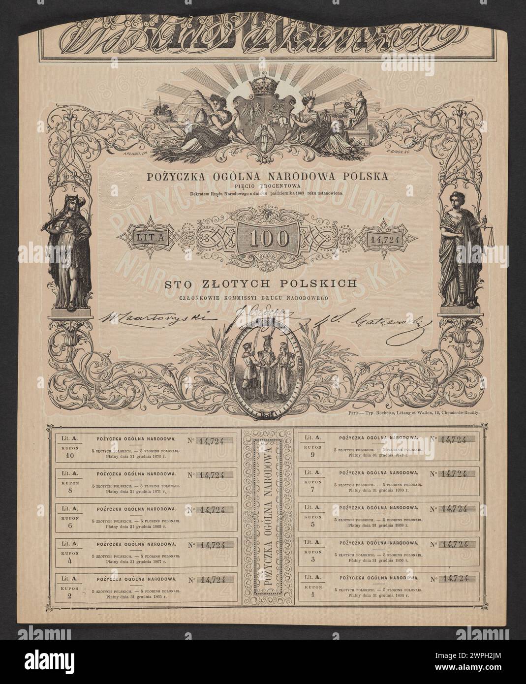 Ein offizieller Punkt aus dem Jahr 1863, der mit der polnischen Regierung in Verbindung steht und die Verwaltungsstruktur und den politischen Kontext repräsentiert. Stockfoto