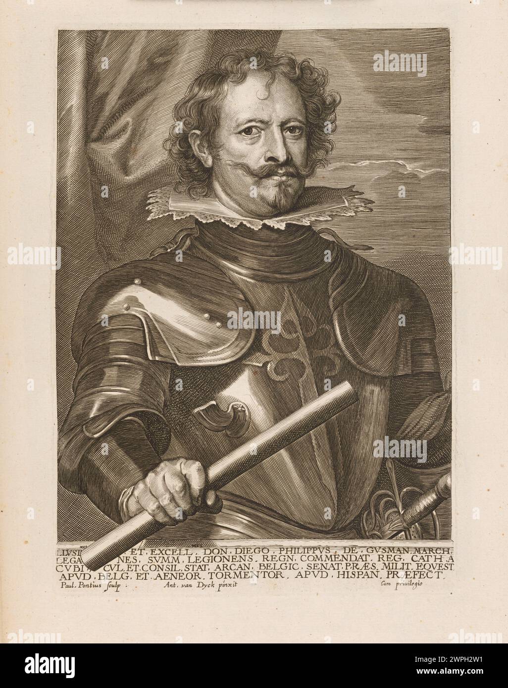 Porträt von Diego Felipe de Guzman Leganes, gemalt von Paulus Pontius, Anthony Van Dyck und Gillis Hendricx zwischen 1645 und 1646, dargestellt barocke Kleidung und Gesichtsrealismus. Stockfoto