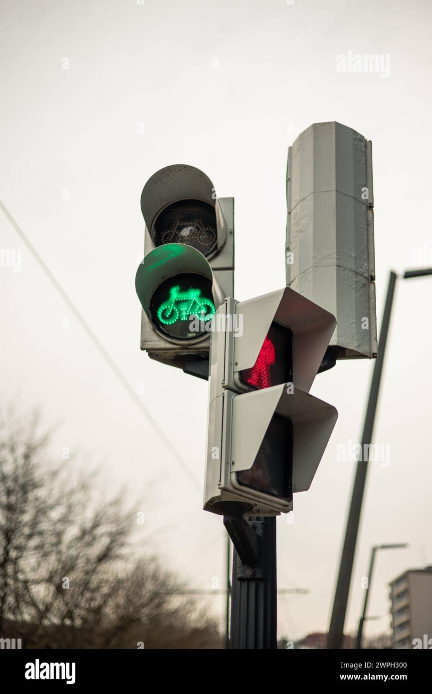 Vertikales Porträt Eine grüne Ampel mit einem beleuchteten Fahrradsymbol, das die Bedeutung eines nachhaltigen Verkehrs in der Stadt signalisiert Stockfoto