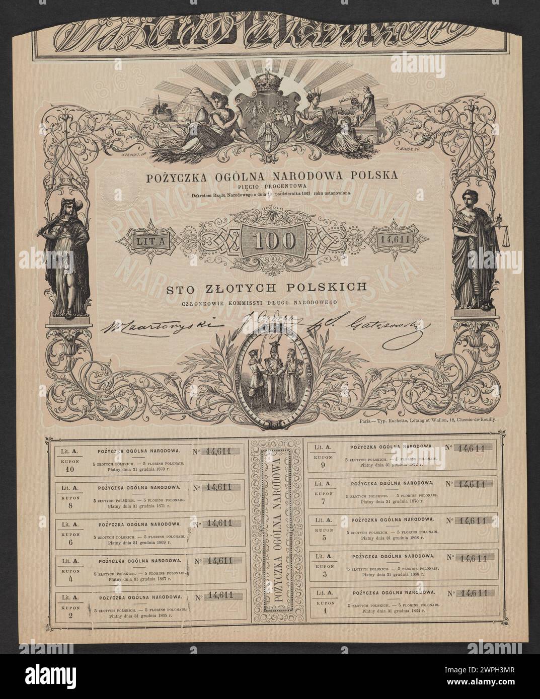 Offizieller polnischer 5%-Geldschein, der 1863 von der nationalen Regierung herausgegeben wurde und Inschriften, Stückelungen und Designelemente enthält. Stockfoto