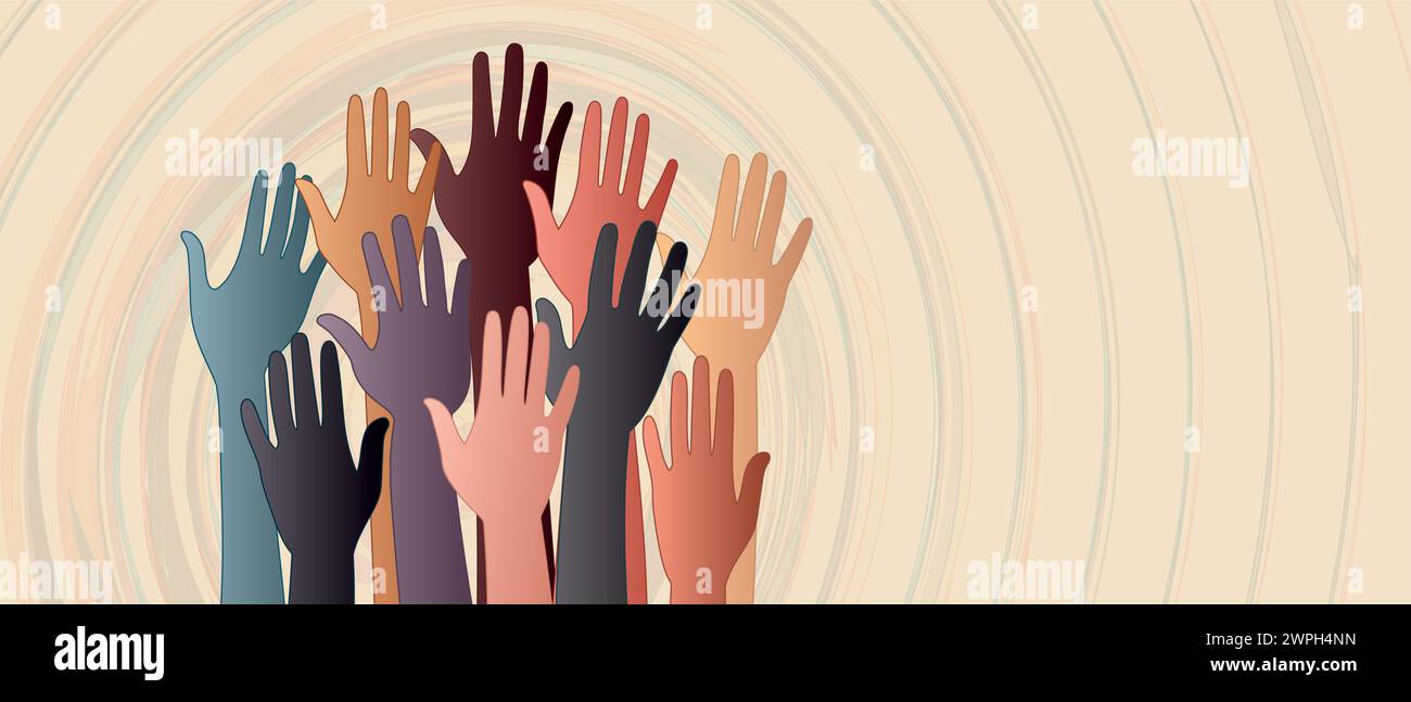Banner mit Freiwilligen mit erhobenen Händen. Gleichstellung Der Vielfalt: Einbeziehung. Spende für gemeinnützige Zwecke. Unterstützung und Unterstützung. Multikulturelle Community.NGO Stock Vektor