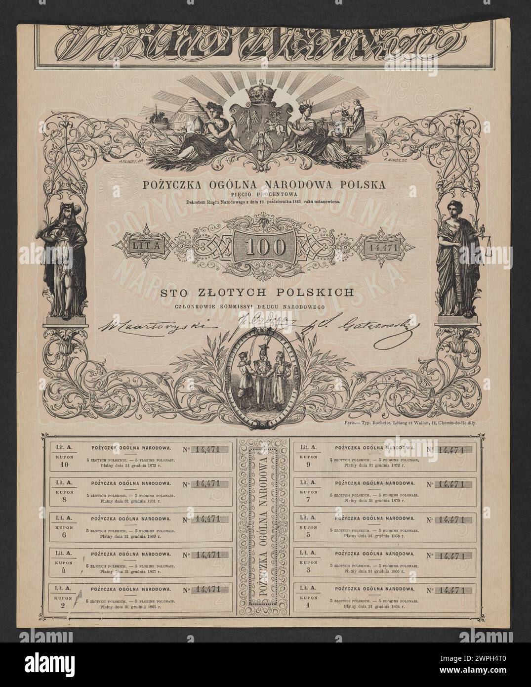 Ein polnisches nationales 5%-Objekt, das 1863 von der nationalen Regierung herausgegeben wurde und das historische polnische Regierungsdesign und die offizielle Ausgabe widerspiegelt. Stockfoto
