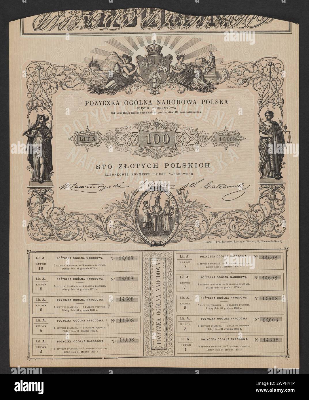 Vorder- und Rückansicht eines 5 % polnischen Bandes aus dem Jahr 1863, herausgegeben von der nationalen Regierung, mit Stückelung, Inschriften und dekorativen Elementen. Stockfoto