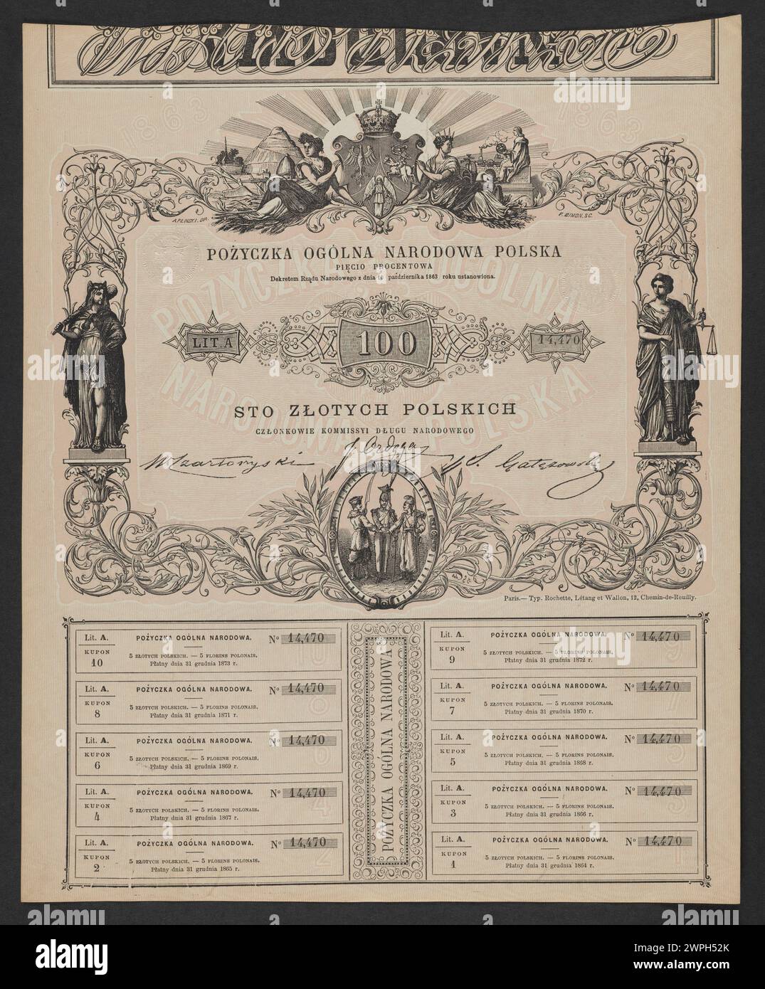 Ein polnisches nationales 5%-Objekt, das 1863 von der nationalen Regierung herausgegeben wurde und das historische polnische Regierungsdesign und die offizielle Ausgabe widerspiegelt. Stockfoto