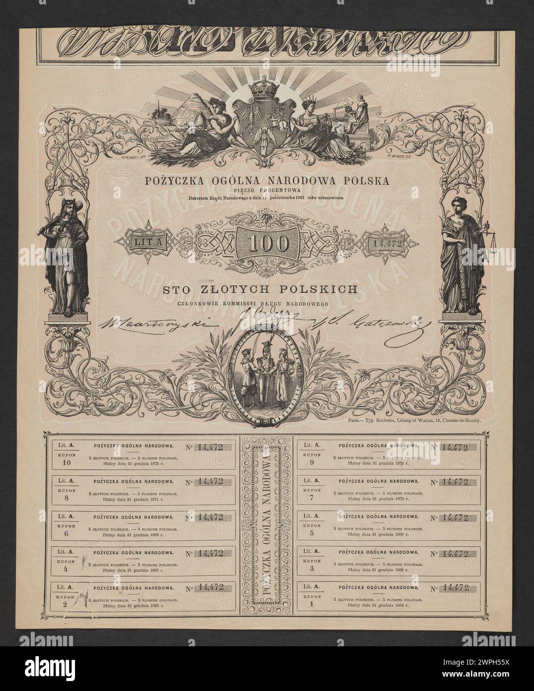 Ein polnisches nationales 5%-Objekt, das 1863 von der nationalen Regierung herausgegeben wurde und das historische polnische Regierungsdesign und die offizielle Ausgabe widerspiegelt. Stockfoto
