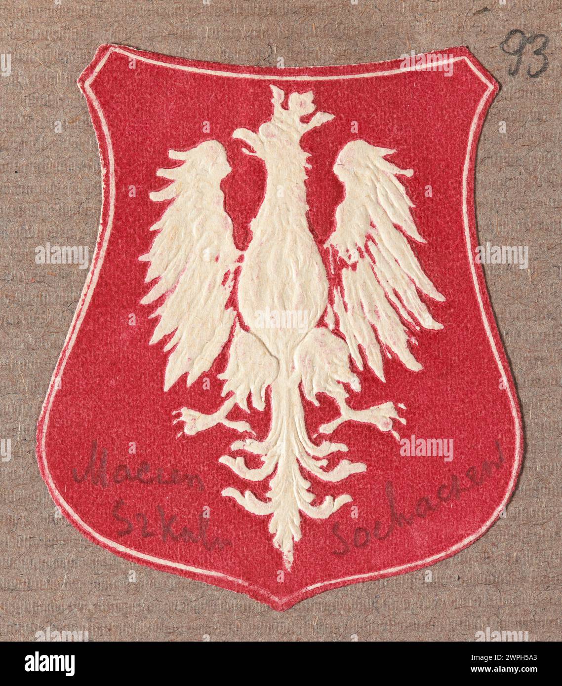 Dieser Druck aus den Jahren 1914–1920 zeigt die polnische Schulmatrix, die in das polnische Staatswappen integriert ist und die pädagogische und nationale Symbolik der Zeit darstellt. Stockfoto