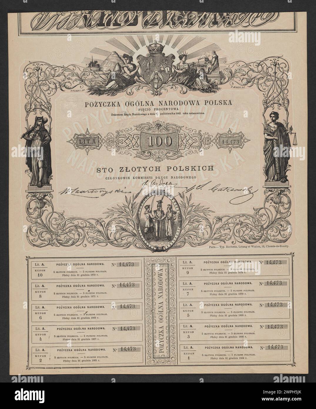 Ein polnisches nationales 5%-Objekt, das 1863 von der nationalen Regierung herausgegeben wurde und das historische polnische Regierungsdesign und die offizielle Ausgabe widerspiegelt. Stockfoto