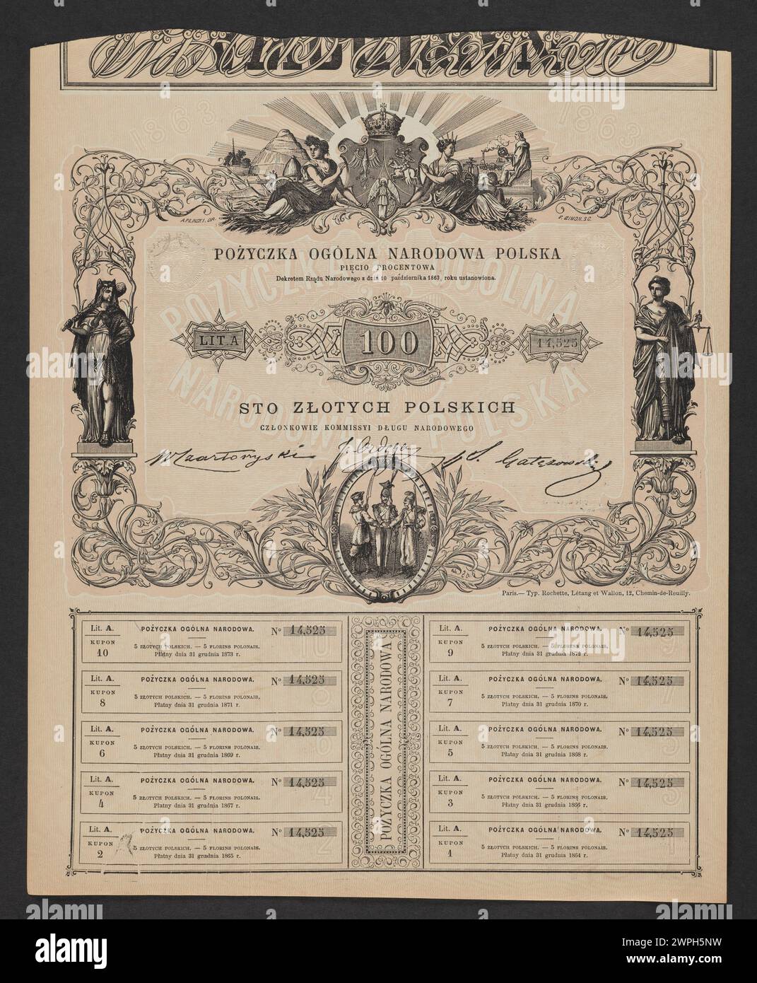1863 polnischer General, der von der nationalen Regierung herausgegeben wurde und die offiziellen Finanz- und Verwaltungsfunktionen während des Januaraufstands widerspiegelt. Stockfoto