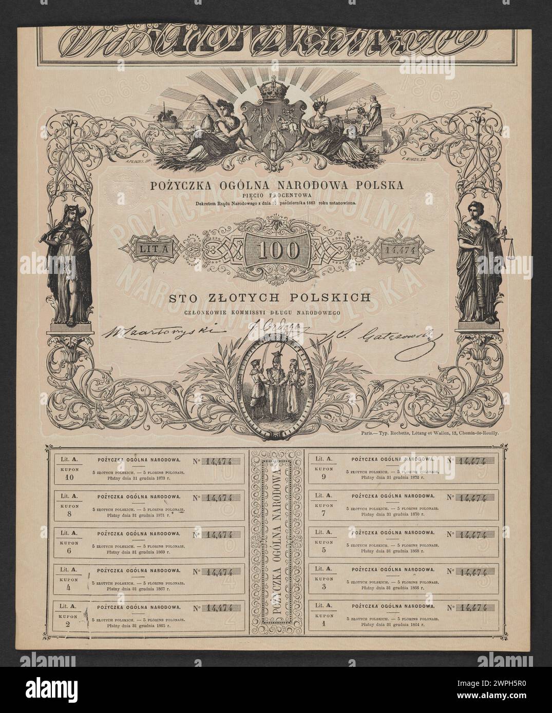 Ein polnisches nationales 5%-Objekt, das 1863 von der nationalen Regierung herausgegeben wurde und das historische polnische Regierungsdesign und die offizielle Ausgabe widerspiegelt. Stockfoto