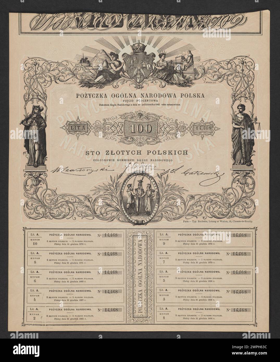 Ein polnisches nationales 5%-Objekt, das 1863 von der nationalen Regierung herausgegeben wurde und das historische polnische Regierungsdesign und die offizielle Ausgabe widerspiegelt. Stockfoto