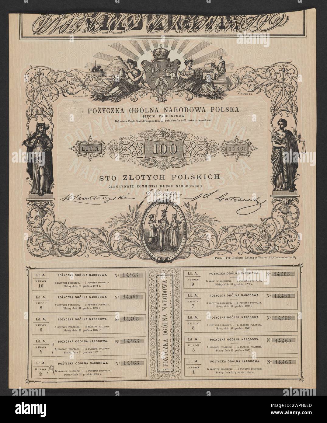 Ein polnisches nationales 5%-Objekt, das 1863 von der nationalen Regierung herausgegeben wurde und das historische polnische Regierungsdesign und die offizielle Ausgabe widerspiegelt. Stockfoto