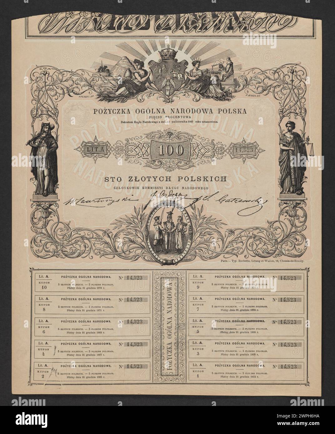 Offizieller polnischer Generalmajor aus dem Jahr 1863, herausgegeben von der nationalen Regierung, die die Währungs- und Verwaltungspraxis des 19. Jahrhunderts repräsentiert. Stockfoto
