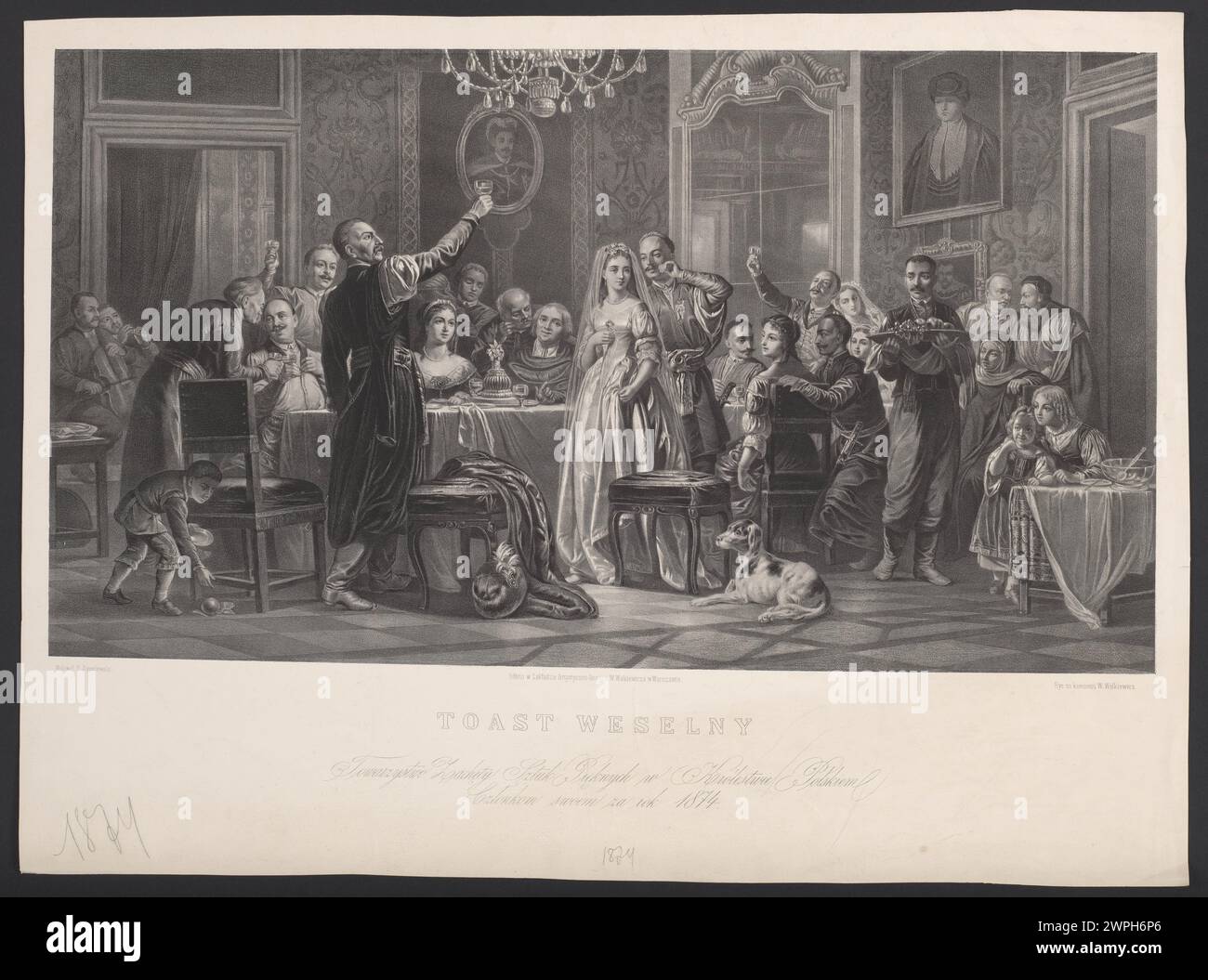 Ein Bonus-Kunstwerk „Wedding Toast“ aus dem Jahr 1874, das von der Gesellschaft der Nachlassfiliaten im Königreich Polen verliehen wurde und mit den Künstlern W. Adys Walkiewicz (ca. 1833–1900) und Feliks Sypniewski (1830–1902) in Verbindung steht. Stockfoto