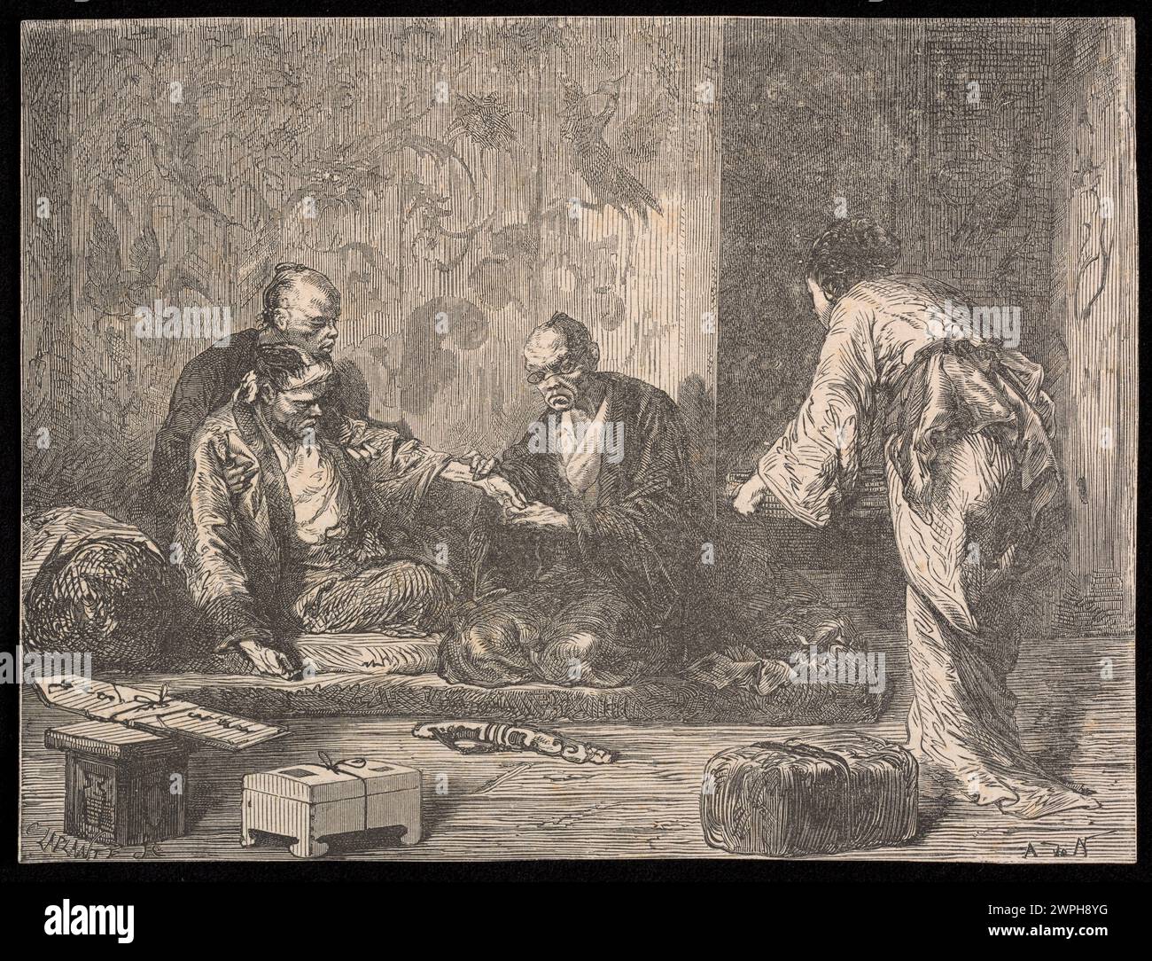 Illustration eines japanischen Arztes, der einen Patienten untersucht, erstellt von Eugene Mage und reproduziert von Charles Laplante und Alphonse de Neuville zwischen 1860 und 1903, mit traditioneller Kleidung und medizinischen Instrumenten. Stockfoto