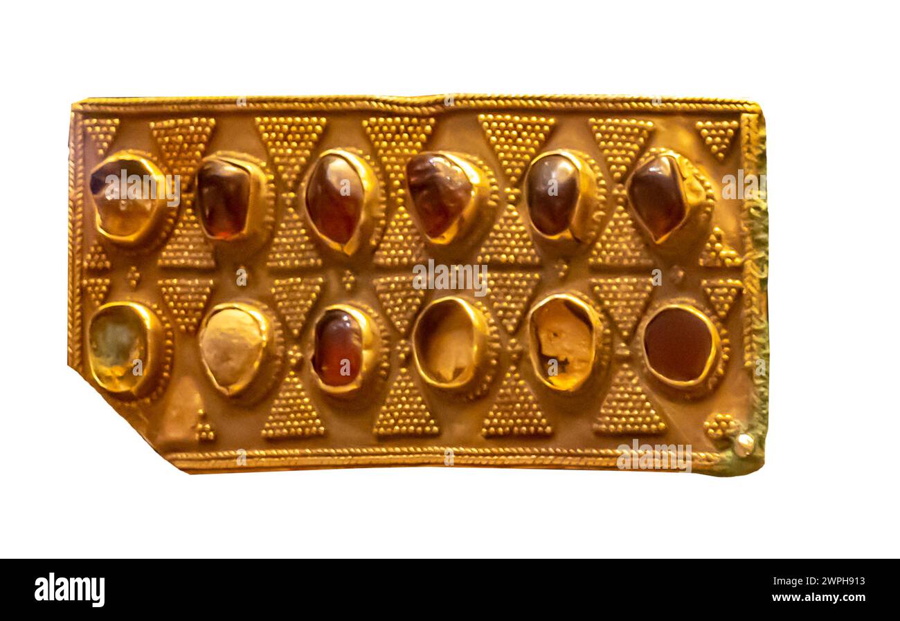 Golddekoration mit Edelsteinen, Granat, Edelstein, 3. - 5. Jh. n. Chr., Lebedevka, Kasachstan Stockfoto