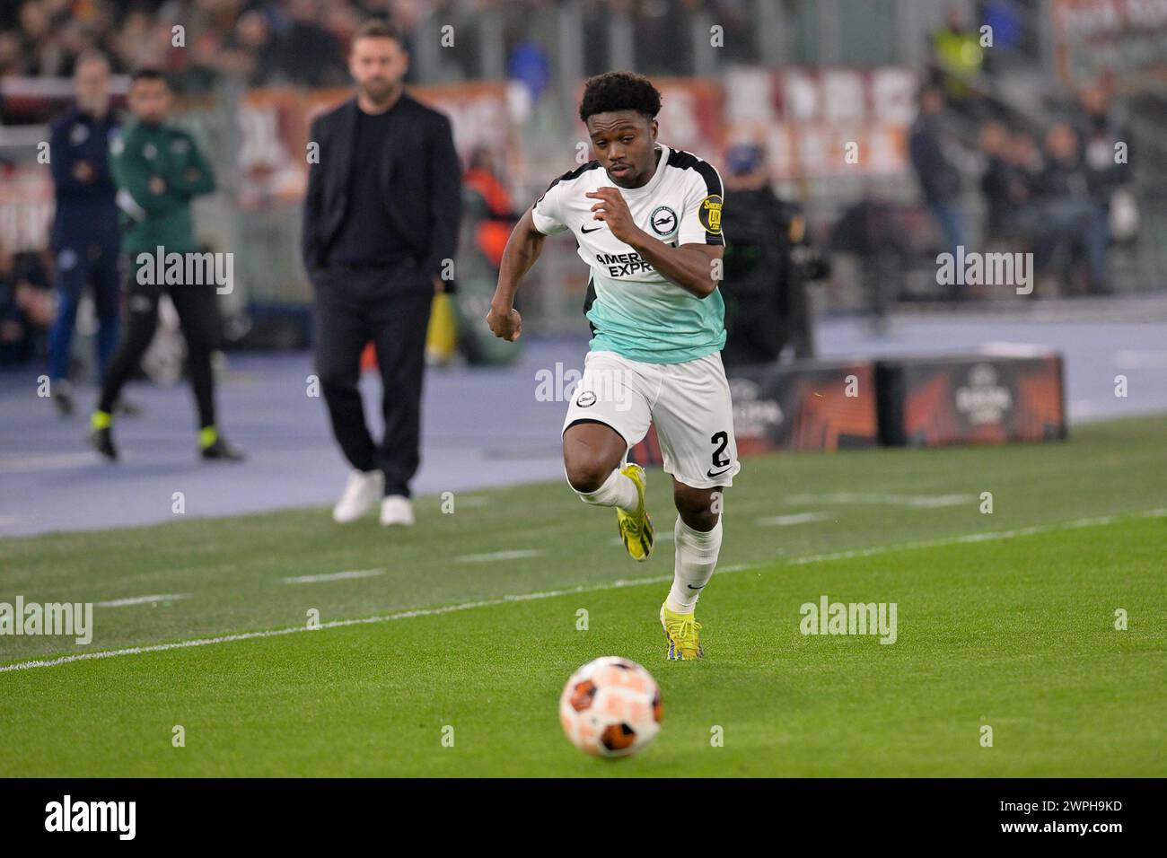 7. März 2024, Stadio Olimpico, Roma, Italien; UEFA Europa League Football; Roma gegen Brighton & Hove Albion; Tariq Lamptey vom Brighton & Hove Albion Football Club Stockfoto