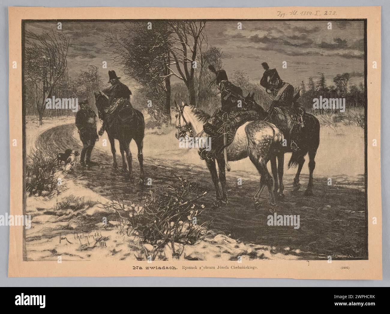 Jan Chełmiński Gemälde „auf Pfadfindern“ (1889) wurde in der Zeitschrift Weekly Ilustrowany, Ausgabe 328, Seite 232, mit einem Beitrag von Walenty Ciechomski veröffentlicht. Die Arbeit zeigt Späher in einer natürlichen Umgebung. Stockfoto