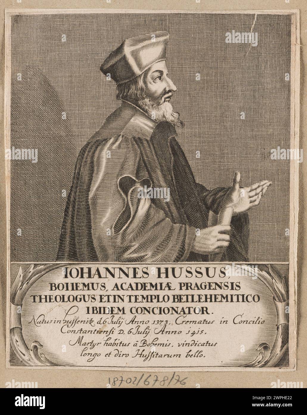 Dieses Porträt zeigt Jan Hus, den böhmischen Religionsreformer, und ist zwischen 1650 und 1690 datiert und spiegelt posthum künstlerische Darstellung seines Gleichnisses wider. Stockfoto