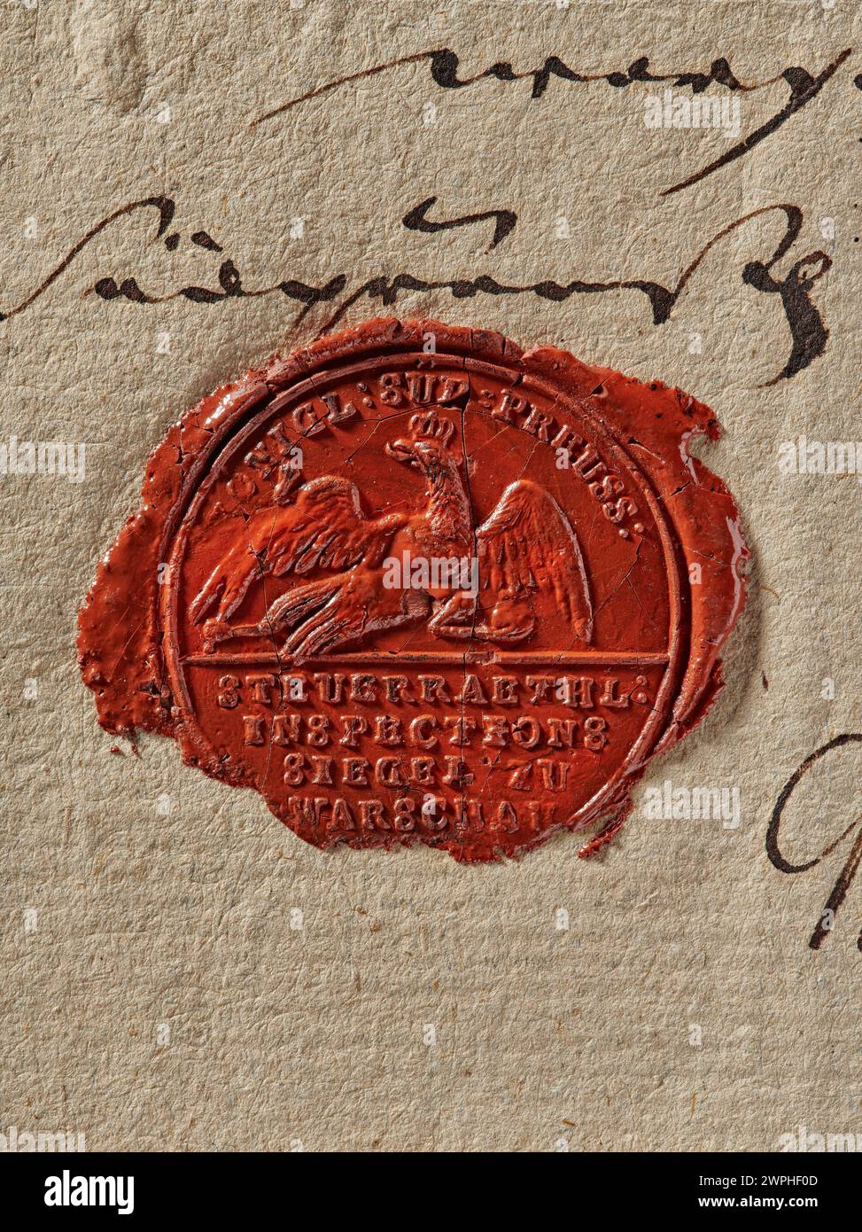 Siegel der Warschauer Steuerkontrolle unter der südpreußischen Regierung im Jahre 1803 zur Beglaubigung amtlicher Steuerdokumente. Stockfoto