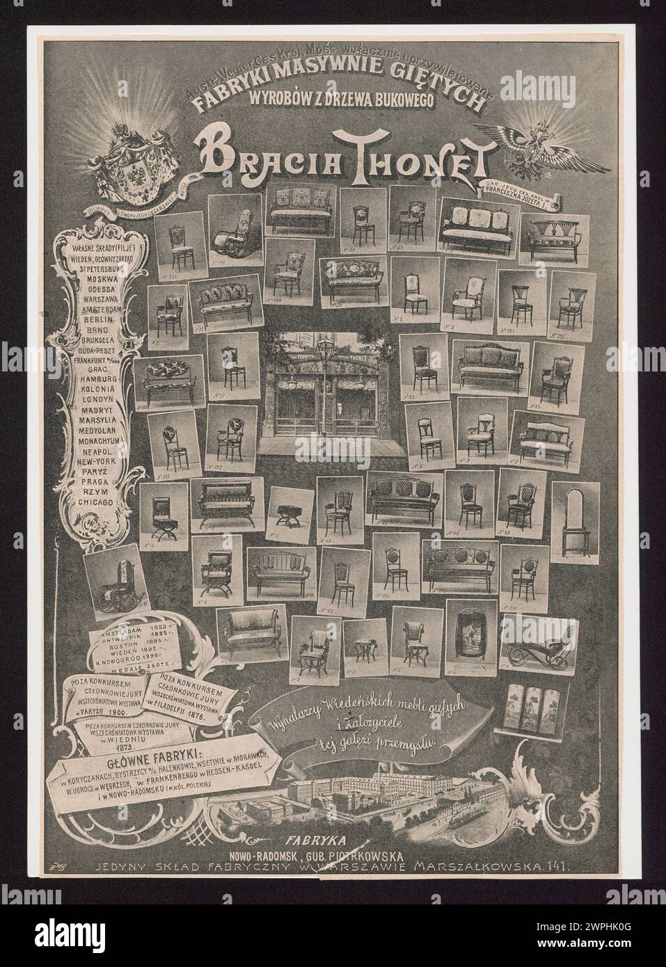 Werbung aus dem Jahr 1903 für Bute-Baum-Produkte von Wierzbicki B. und S-ka, veröffentlicht in W Drowiec, mit Möbeldesigns der Brüder Thonet. Stockfoto