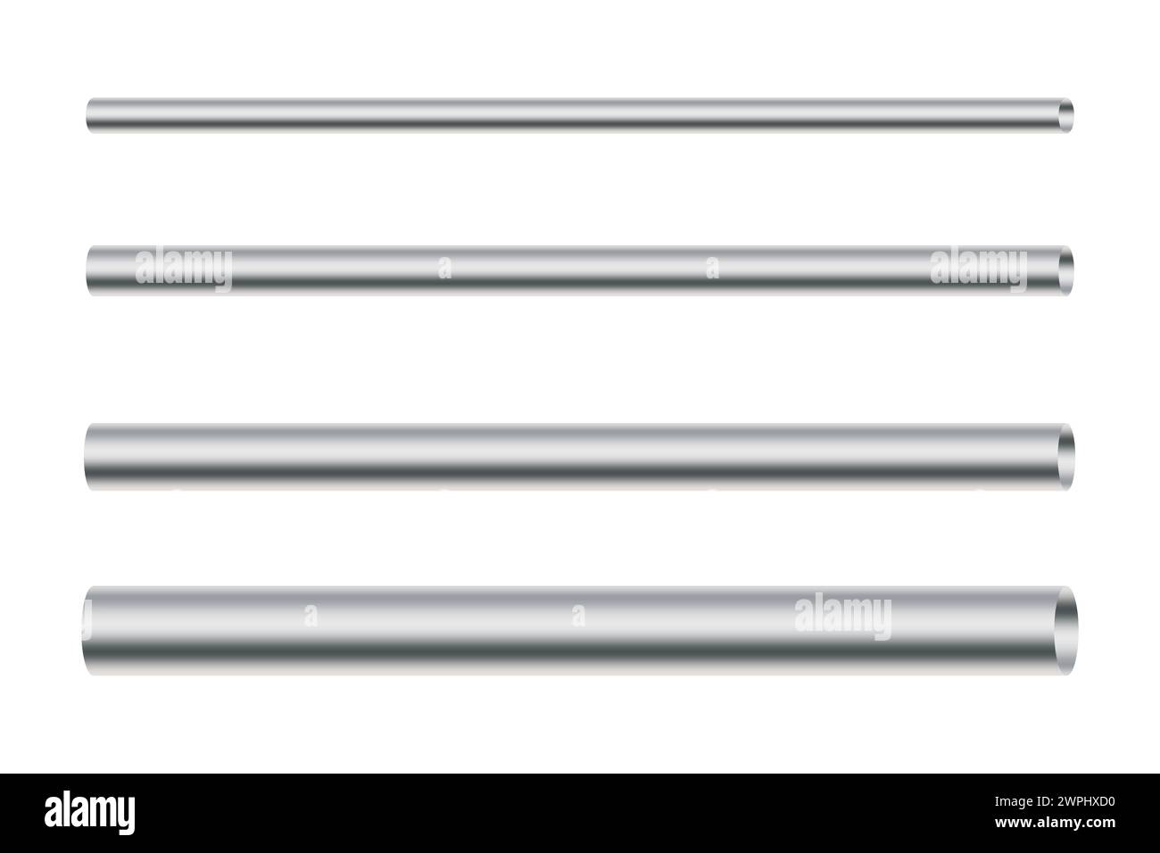 Silberne Stangen ausgerichtet. Reflektierende Metallic-Oberfläche. Verschiedene Längen sichtbar. Vektorabbildung. EPS 10. Stock Vektor
